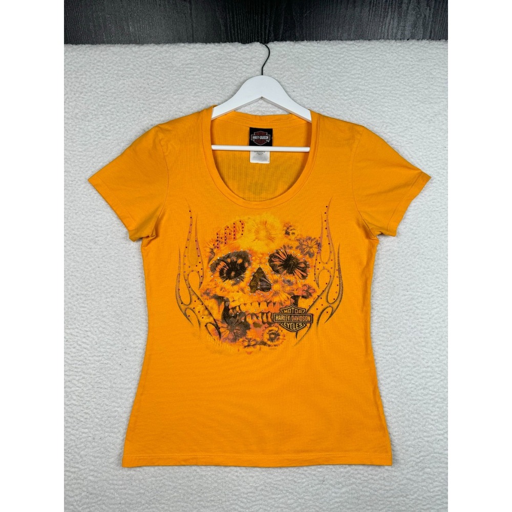 + Harley-Davidson Bedazzled Florida Shirt Womens Medium Yellow Skull Beaded